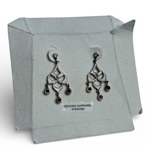 Genuine Sapphire/Diamond Silver and Black Drop Earrings